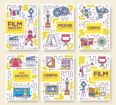 Set of thin line cinema vacation pattern concept. Art traditional, magazine Stock Illustration