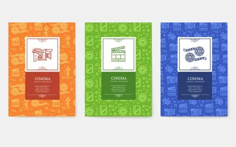 Set of thin line cinema vacation pattern concept. Art traditional, magazine Stock Illustration