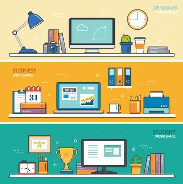 Set of thin line flat design workspace. designer,business,student Illustrazione stock