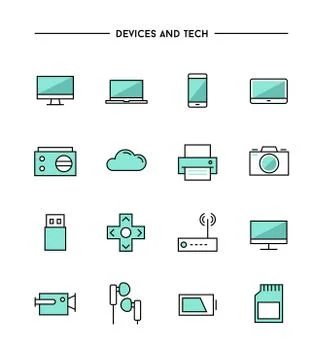 Set of thin line flat devices and tech icons Illustrazione stock