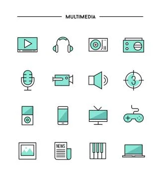 Set of thin line flat multimedia icons Illustrazione stock