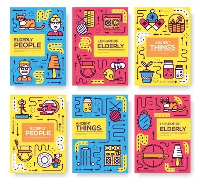Set of thin line Grannys day pattern concept. Art  old character people, magazin Stock Illustration