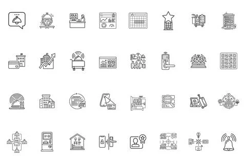 Set of thin line hotel management and smart technology icons Stock Illustration
