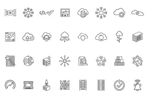Set of thin line icons for cloud computing, server infrastructure, and data.. Illustrazione stock