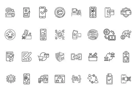 Set of thin line icons for mobile banking and digital payment Stock Illustration