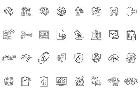 Set of thin line icons for pharmaceutical research and development Stock Illustration