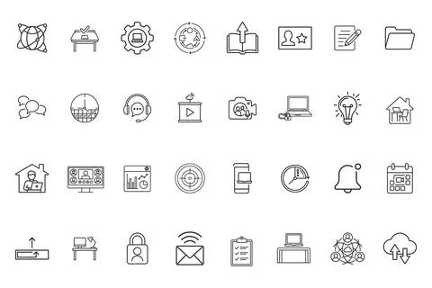 Set of thin line icons for remote work, business, and digital communication Stock Illustration