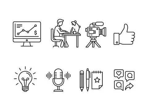 Set of thin line icons representing business, content creation, and social .. Stock Illustration