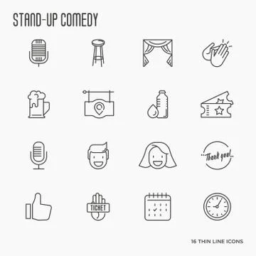 Set of thin line icons on theme stand up comedy show. Vector illustration. Stock Illustration