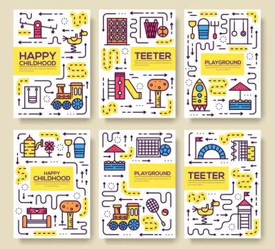 Set of thin line kids pattern concept. Art playground field, magazine, book Stock Illustration