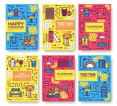 Set of thin line kids pattern concept. Art playground field, magazine, book Stock Illustration