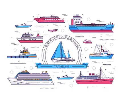 Set of thin line ship vector illustration. Ship thin line icons background Stock Illustration