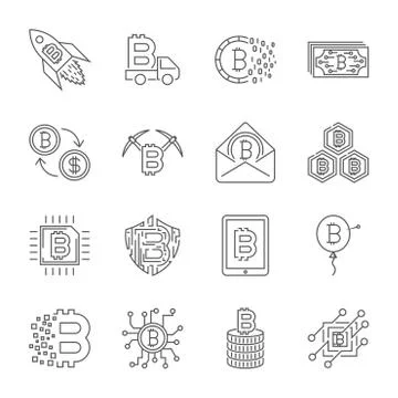 Set of Thin Line Stroke Vector Bitcoin and Cryptocurrency Icons. Illustrazione stock
