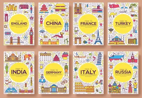 Set of thin line travel world country concept. Art traditional, magazine, book Illustrazione stock