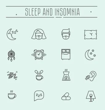 Set of thin line vector icons with symbols of sleep problems and insomnia. Stock Illustration