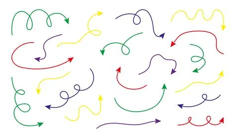 Set of thin multicolored arrows. Different shapes pointer on white background Stock Illustration
