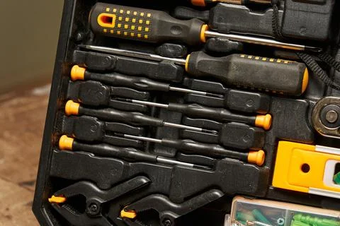 A set of thin phillips screwdrivers, a flat screwdriver in a set of locksmith Stock Photos