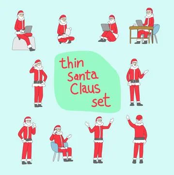 Set of thin Santa Claus with various action with laptop computer and gestures Stock Illustration