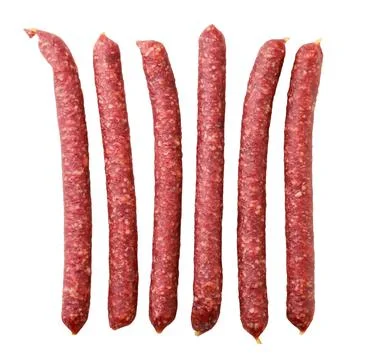 Set of thin sausages close-up on a white background. Top view Stock Photos