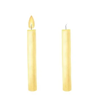 Set of thin yellow wax candle isolated. Hand drawn watercolor illustration. イラスト素材
