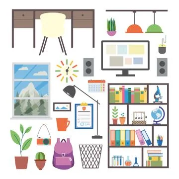 Set of things for home studying room, flat cartoon vector illustration isolated Stock Illustration