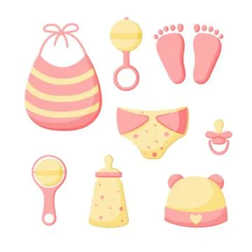 A set of things for a newborn isolated on a white background. Collection for  Stock Illustration