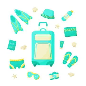 Set of things for a vacation at sea. ?ollection summer travel items for man.  Stock Illustration