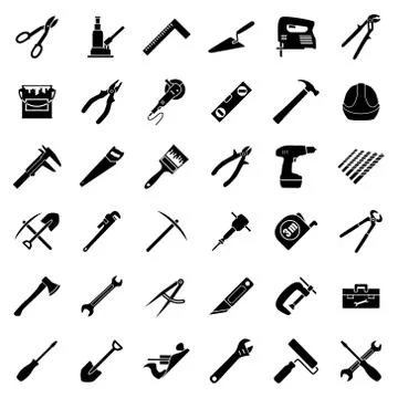 Set of thirty six flat style black and white tools used in const Stock Illustration