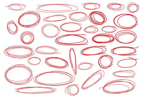 A set of thirty two hand drawn red ellipses and ovals. Marker or pencil sketc Stock Illustration