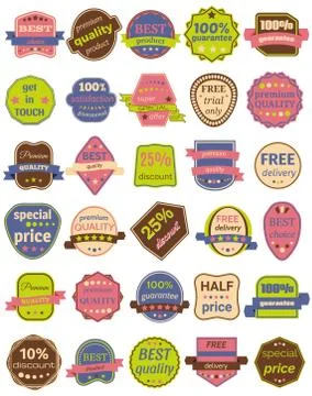 Set of Thirty Vector Badges with Ribbons Stock Illustration