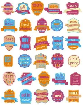 Set of Thirty Vector Badges with Ribbons Stock Illustration