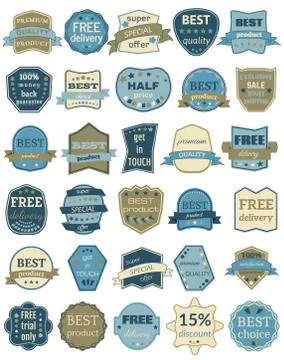 Set of Thirty Vector Badges with Ribbons Stock Illustration