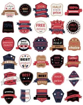 Set of Thirty Vector Badges with Ribbons Stock Illustration