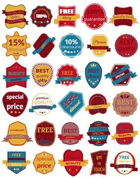 Set of Thirty Vector Badges with Ribbons 스톡 일러스트