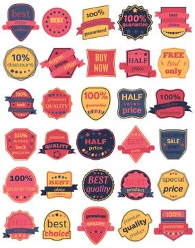 Set of Thirty Vector Badges with Ribbons Stock Illustration