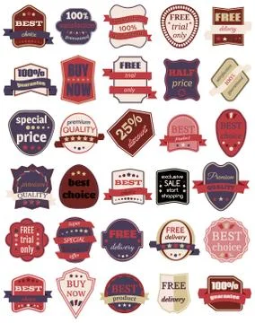 Set of Thirty Vector Badges with Ribbons. Set of vintage retro labels Stock Illustration