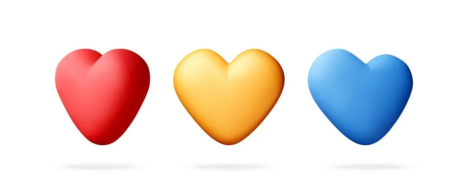Set of three 3D hearts in red yellow and blue Stock Illustration