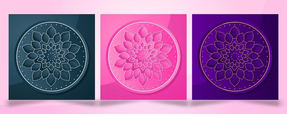 Set of Three 3D Paper Cut Mandala Designs in Blue Pink and Purple for India.. Stockillustratie