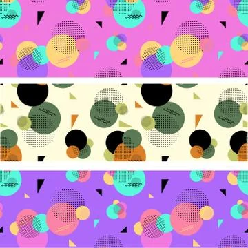 Set of three abstract colored banners from circles, dots and zigzags Stock Illustration