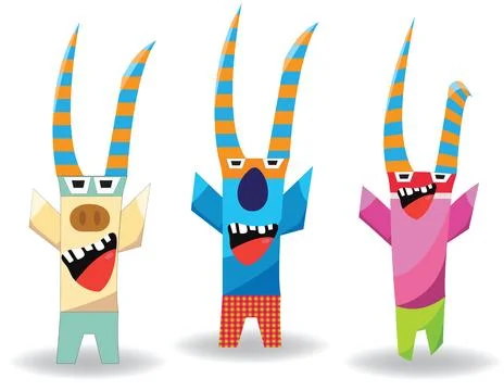 Set of three abstract comical monsters with colorful horns  short legs and .. Stock Illustration