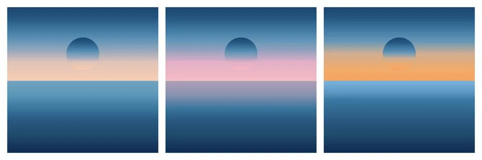 A set of three abstract digital illustrations featuring a circular sun settin Stock Illustration