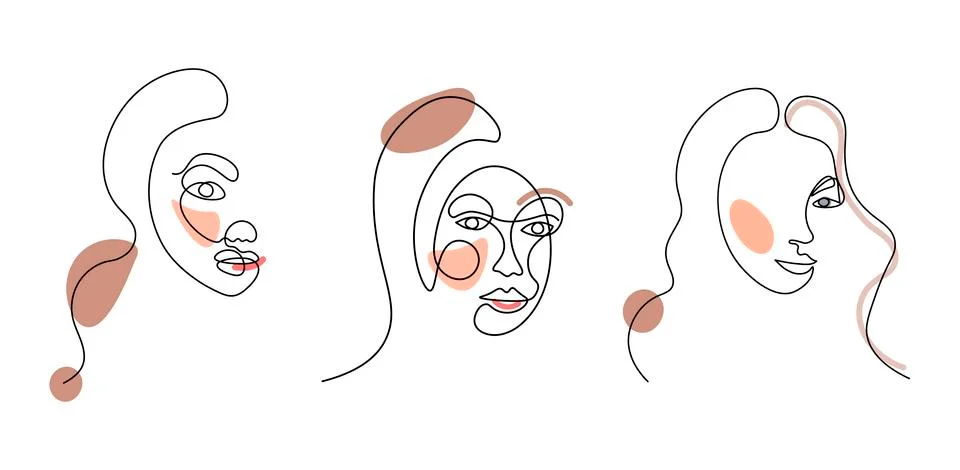 Set of three abstract face one line drawing. Portrait minimalistic style. Fine Stock Illustration