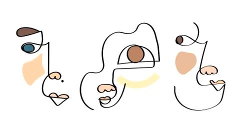 Set of three abstract face one line drawing. Portrait minimalistic style. Fine Stock Illustration