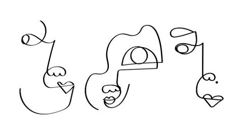 Set of three abstract face one line drawing. Portrait minimalistic style. Fine Stock Illustration