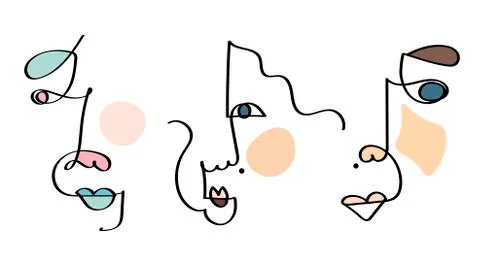 Set of three abstract face one line drawing. Portrait minimalistic style. Fine Stock Illustration