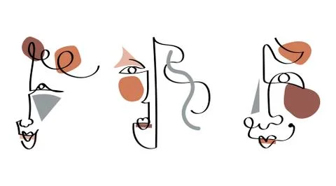 Set of three abstract face one line drawing. Portrait minimalistic style. Fine Stock Illustration