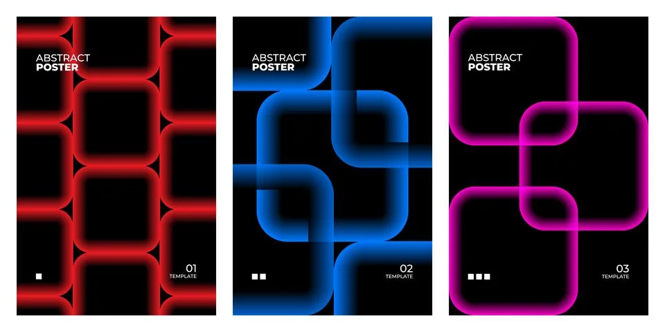 Set of three abstract posters with glowing neon rounded square frames on bl.. Stock Illustration