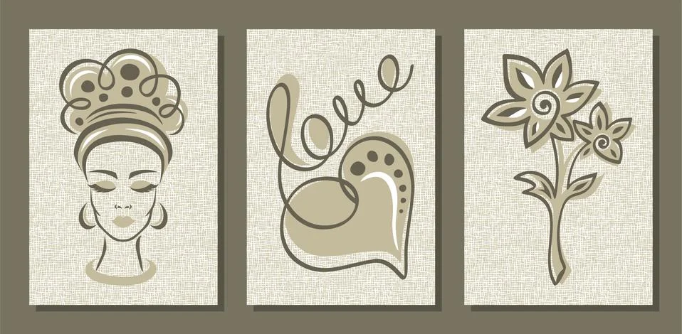 Set of three abstract posters in gray, brown, beige colors.  Stock Illustration