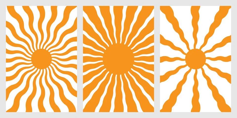 Set of three abstract posters with orange wavy sunburst patterns Stock Illustration