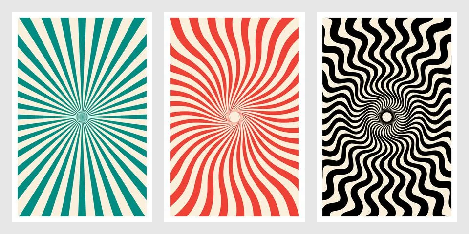 Set of three abstract posters with radial wavy line patterns in green red a.. Stock Illustration